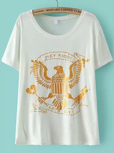 Romwe Eagle Pattern Print White T-shirt