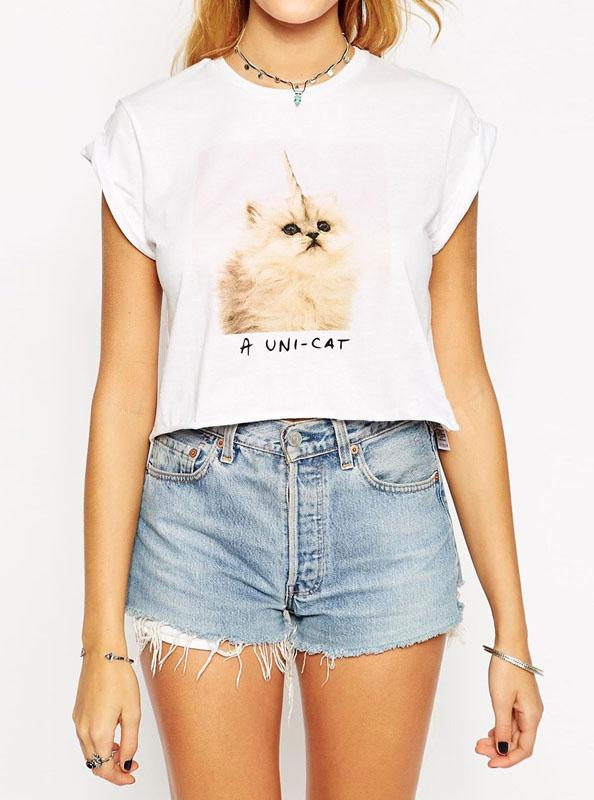 Romwe Cat Print Crop T-shirt