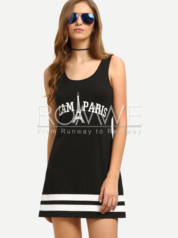 Romwe Black Sleeveless Letters Print Dress