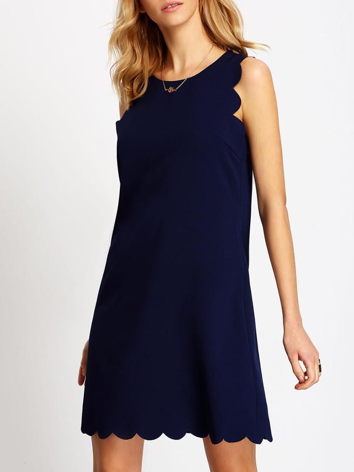 Romwe Royal Blue Sleeveless Scallop Shift Dress