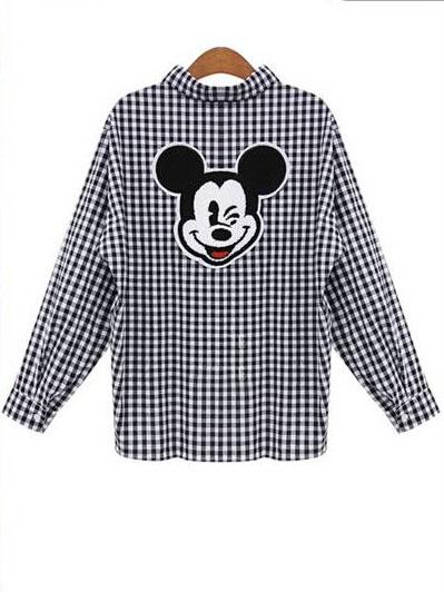 Romwe Lapel Dip Hem Plaid Mickey Print Black Blouse