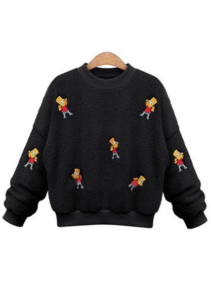 Romwe Round Neck Cartoon Print Black Sweatshirt