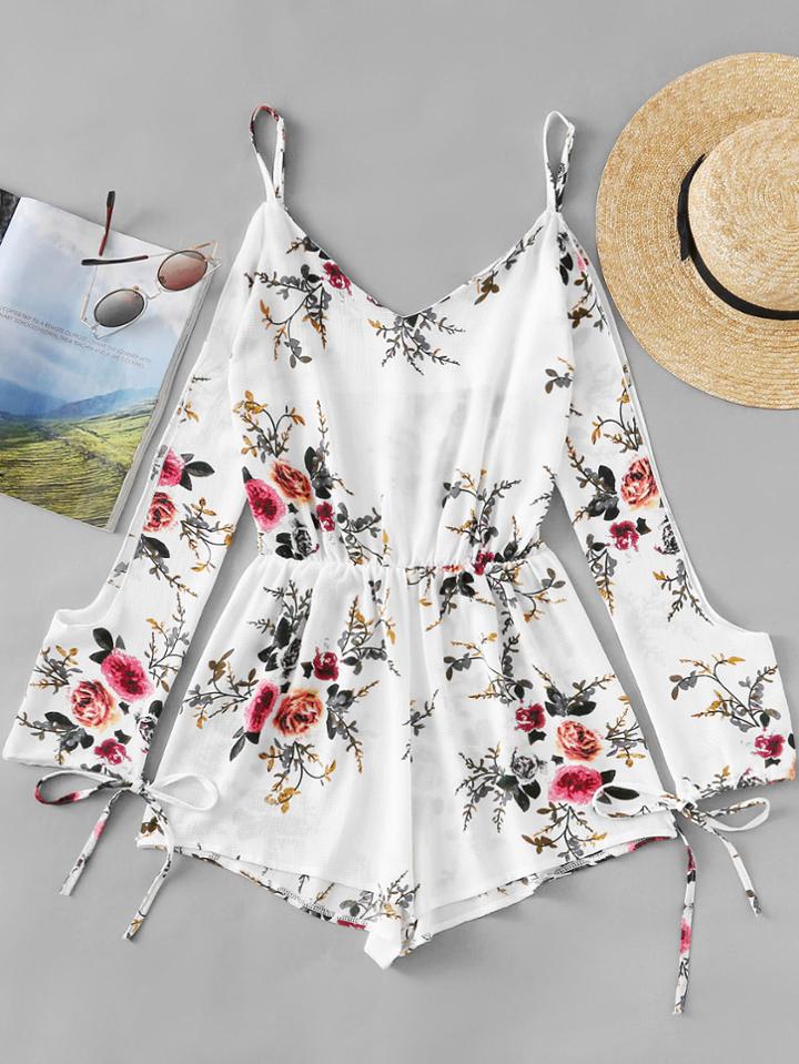 Romwe Open Shoulder Floral Print Random Tie Cuff Romper