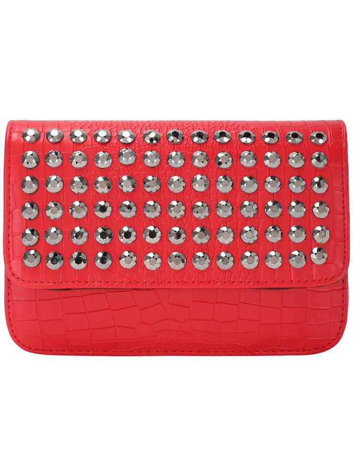 Romwe Red Crocodile Pu Stud Flap Chain Bag