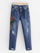 Romwe Floral Embroidery Ripped Jeans