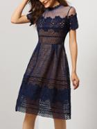 Romwe Blue Short Sleeve Sheer Mesh Hollow Dress