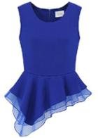 Romwe Sleeveless Zipper Asymmetrical Ruffles Blue Blouse