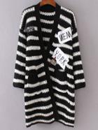Romwe Black Striped Embroidered Patch Pocket Long Sweater Coat