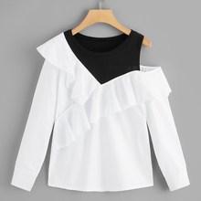 Romwe Asymmetrical Neck Ruffle Trim Blouse