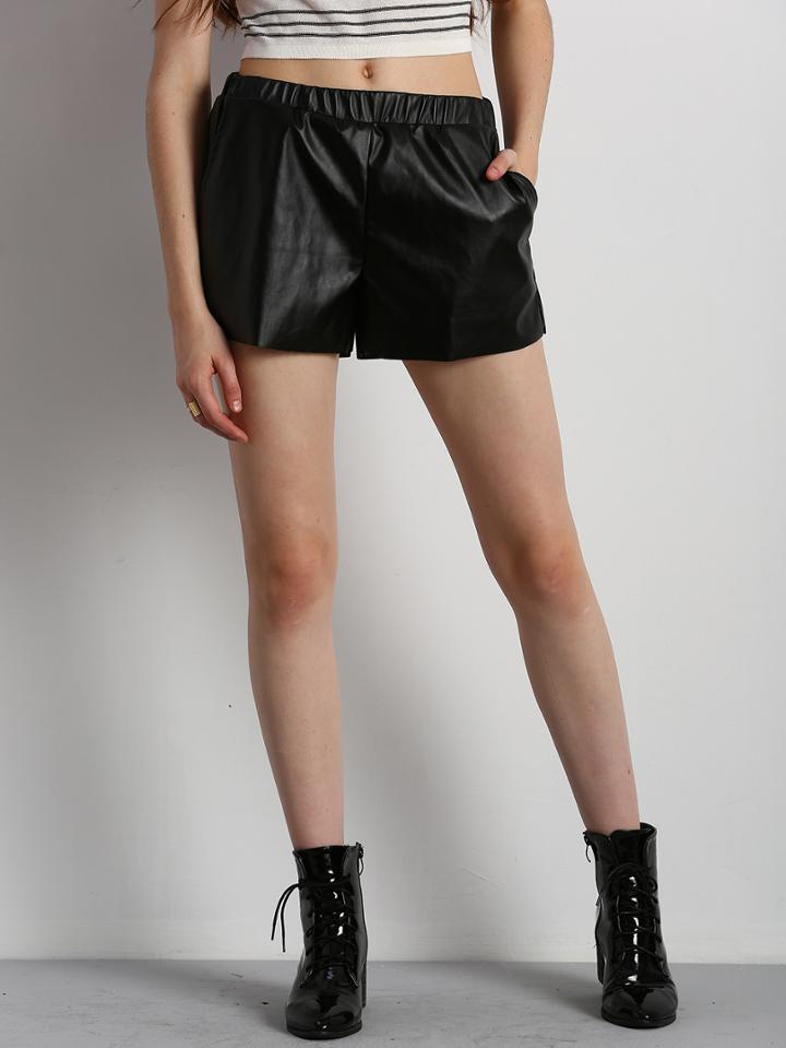 Romwe Black Elastic Waist Pu Leather Shorts