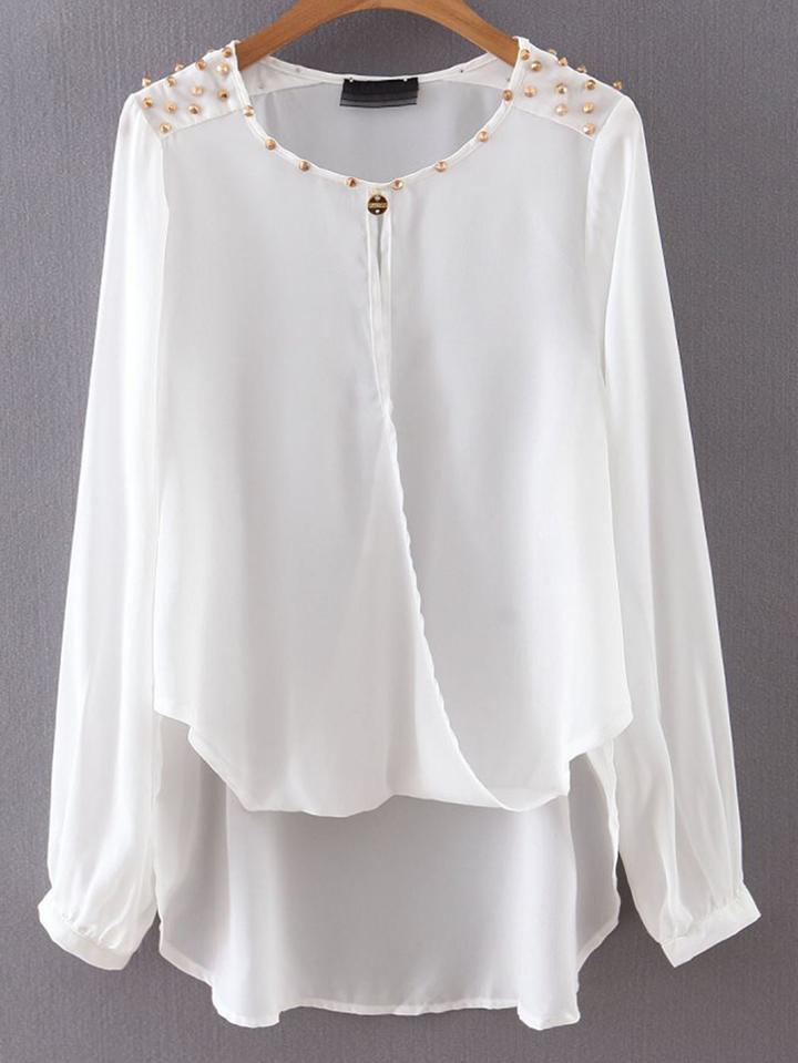 Romwe White Dipped Hem Rivet Sheer Blouse