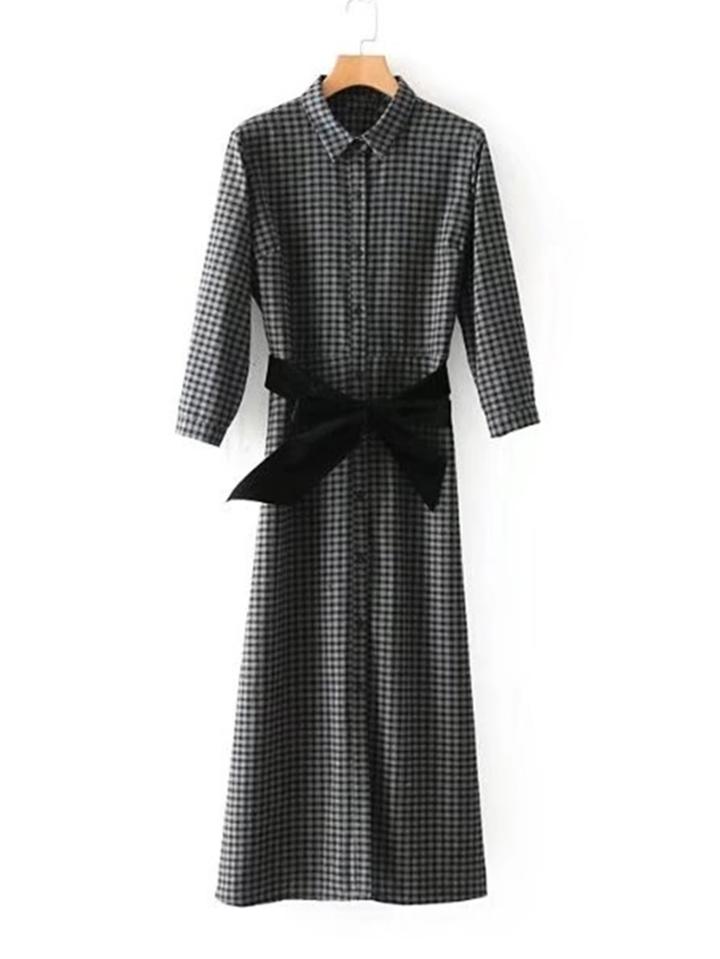 Romwe Contrast Bow Tie Gingham Maxi Shirt Dress