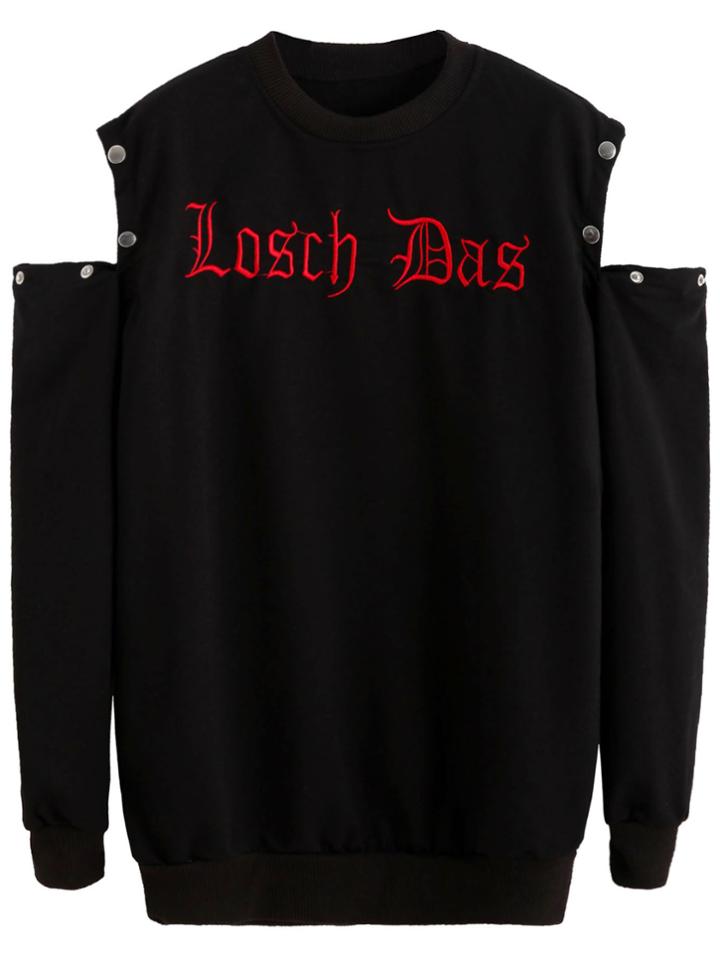 Romwe Black Open Shoulder Embroidered Sweatshirt With Snap Button Detail