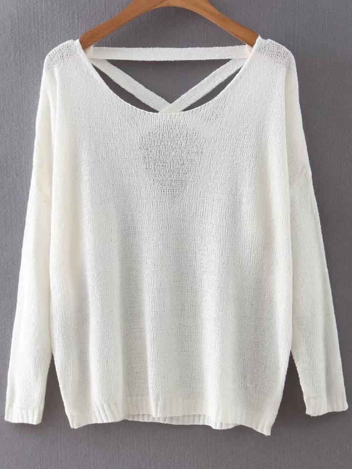 Romwe White Criss Cross Back Drop Shoulder Knitwear
