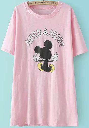 Romwe Mickey Letter Print Pink T-shirt