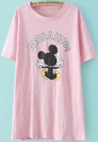 Romwe Mickey Letter Print Pink T-shirt