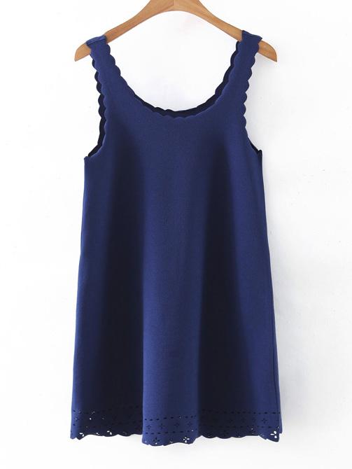 Romwe Navy Scallop Hollow Hem Sleeveless Shift Dress