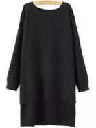 Romwe Raglan Sleeve Dip Hem Ribbed Slit Black Jumper