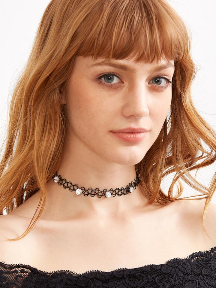 Romwe Black Rhinestone Elastic Choker Necklace