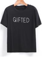 Romwe Gifted Print Loose Black T-shirt