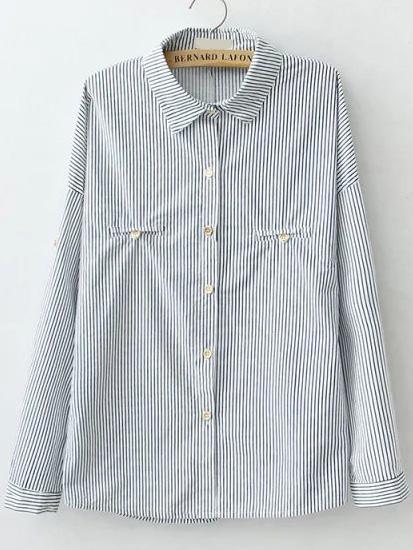 Romwe Lapel Vertical Striped Pockets Blue Blouse