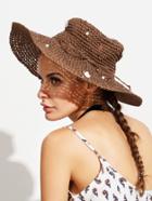 Romwe Coffee Bow Pearl Flower Large Brimmed Straw Hat