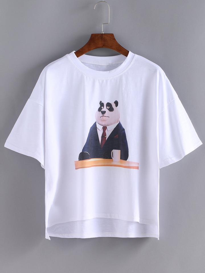 Romwe White Panada Print Dip Hem T-shirt