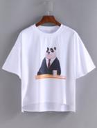 Romwe White Panada Print Dip Hem T-shirt