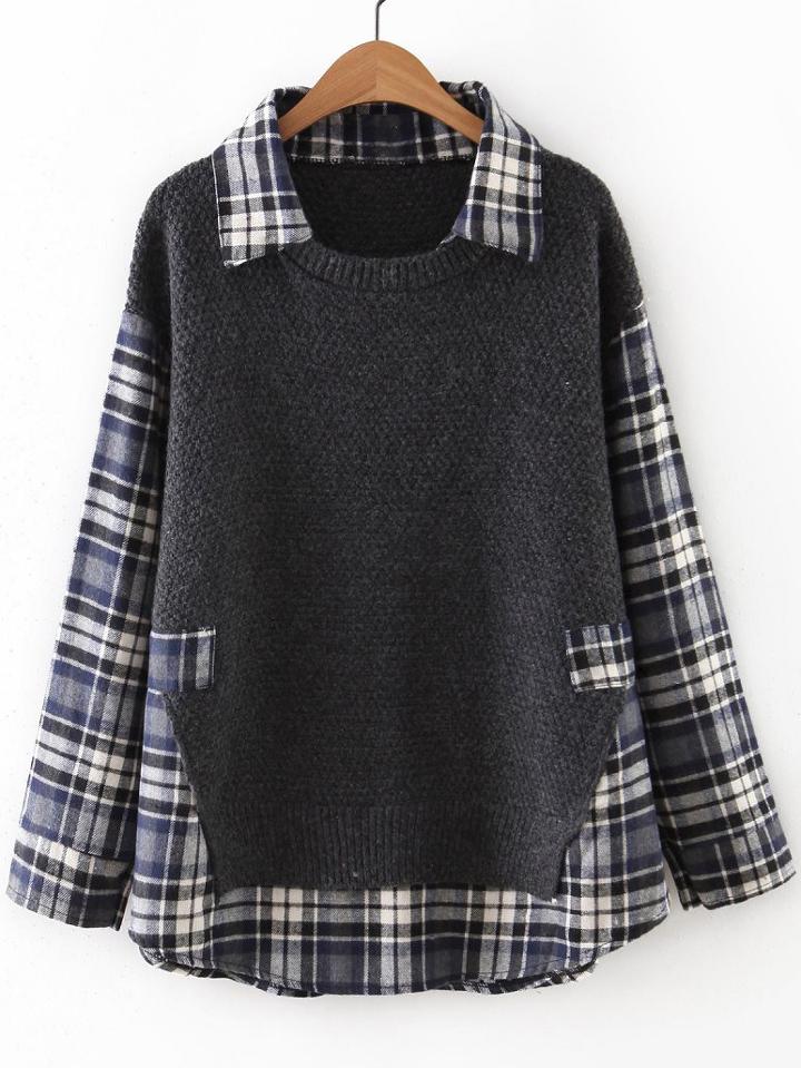 Romwe Grey Plaid Drop Shoulder 2 In 1 Sweater