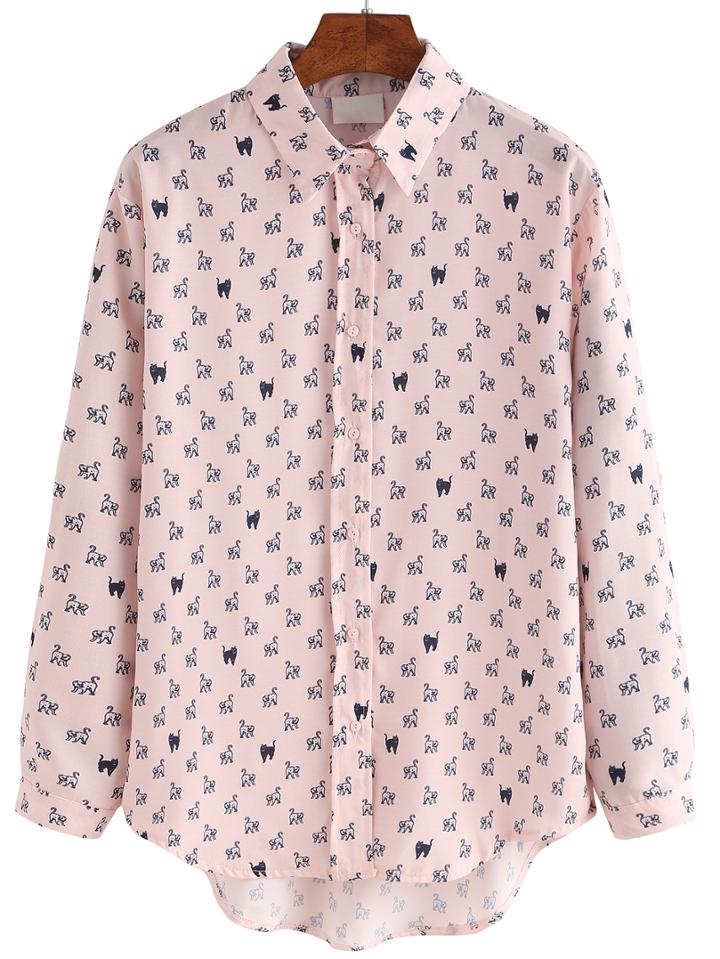 Romwe Dip Hem Cat Print Blouse
