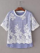 Romwe Blue Short Sleeve Lace Crochet Splicing Stripe T-shirt