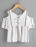 Romwe Frill Striped Grommet Lace Up Smock Top
