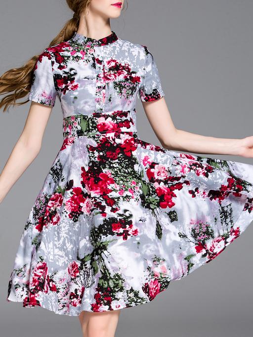 Romwe Grey Crew Neck Floral A-line Dress