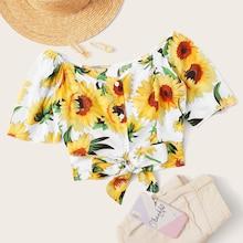 Romwe Sunflower Print Shirred Tie Front Crop Top