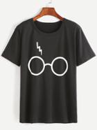 Romwe Black Glasses Print T-shirt