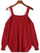 Romwe Off The Shoulder Cable Knit Red Sweater