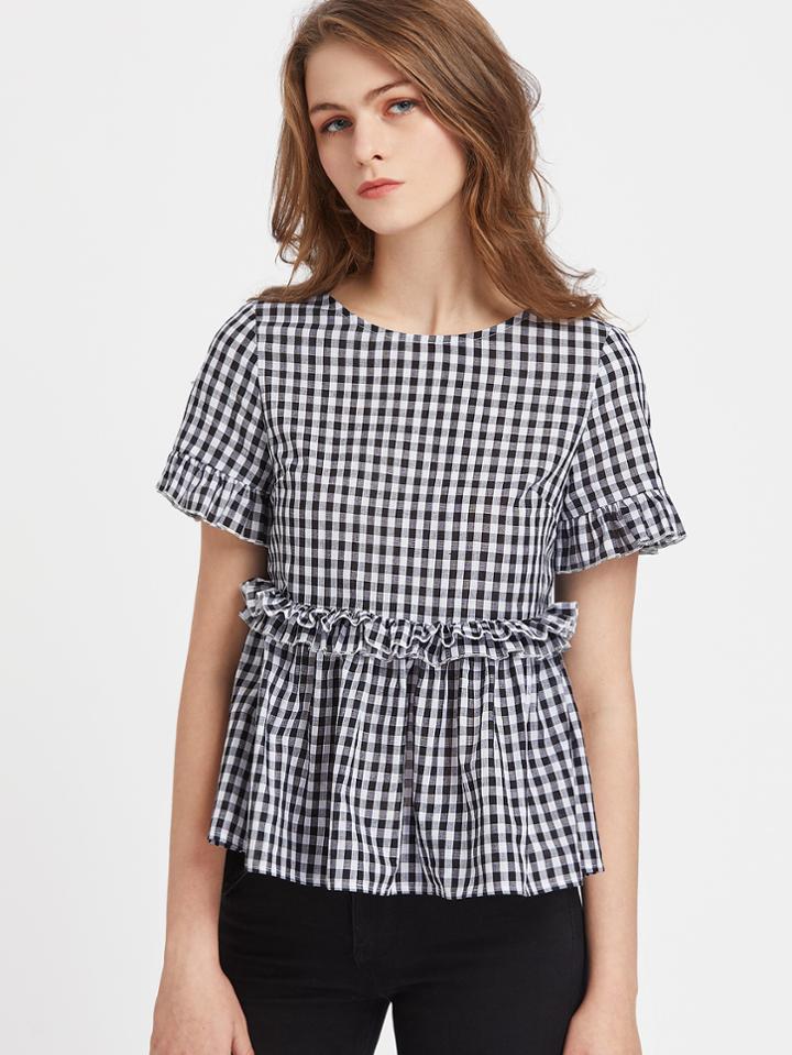 Romwe Ruffle Detail Button Back Gingham Peplum Top