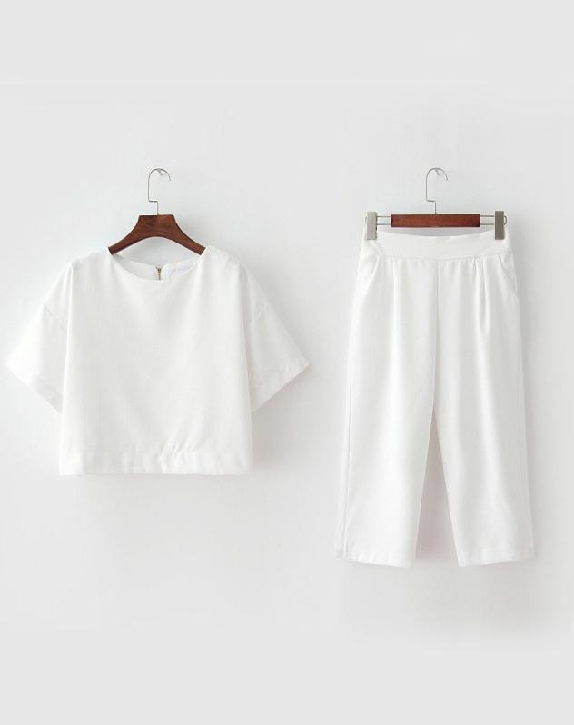 Romwe Short Sleeve Crop Top With Zipper White Pant