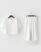 Romwe Short Sleeve Crop Top With Zipper White Pant