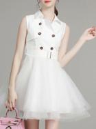 Romwe White Lapel Belted Gauze A-line Dress