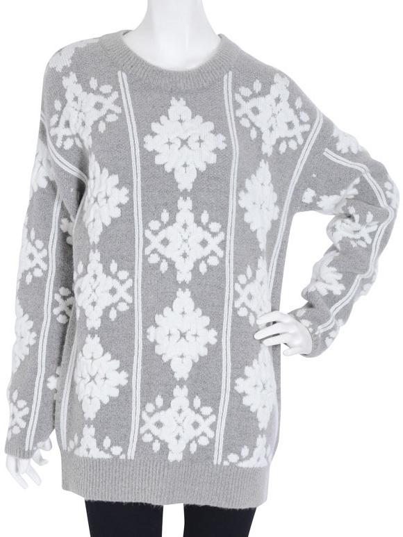 Romwe Round Neck Jacquard Long Grey Sweater
