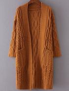 Romwe Khaki Drop Shoulder Pocket Cable Knit Long Cardigan