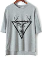 Romwe Grey Triangle Deer Print Dipped Hem T-shirt