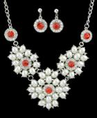 Romwe Red Gemstone Silver Chain Necklace With Earrings