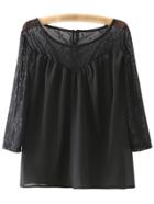 Romwe Black Scoop Neck Lace Splicing Casual Blouse