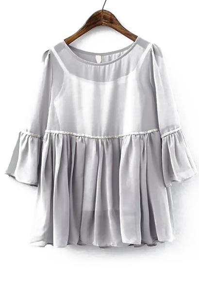 Romwe Ruffle Sleeve Chiffon Grey Top