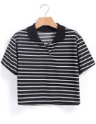 Romwe Lapel Striped Crop Black T-shirt