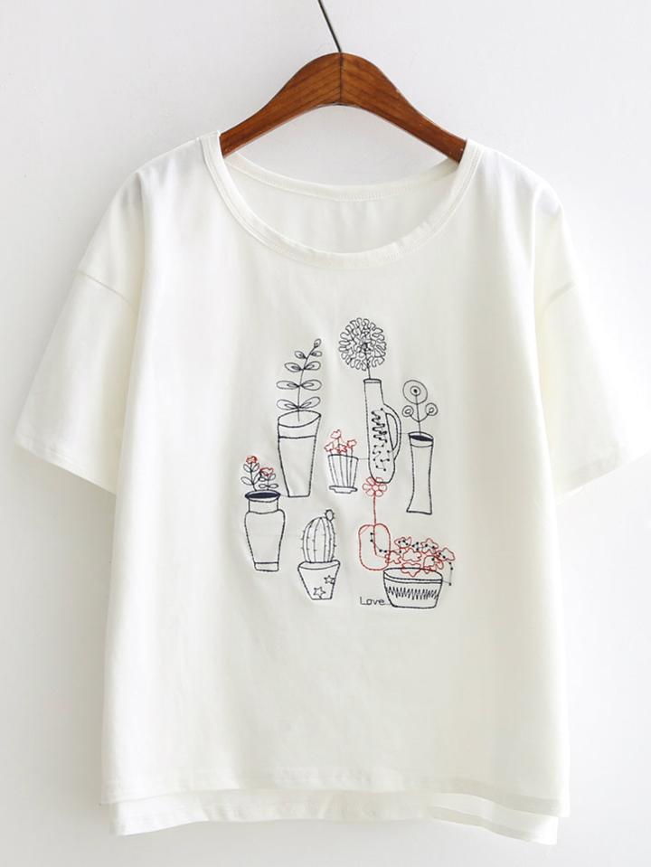 Romwe White Embroidery Short Sleeve T-shirt