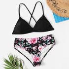 Romwe Cross Back Top With Floral Bikini Set