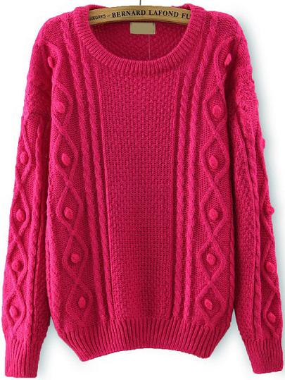 Romwe Cable Knit Ball Embellished Rose Red Sweater